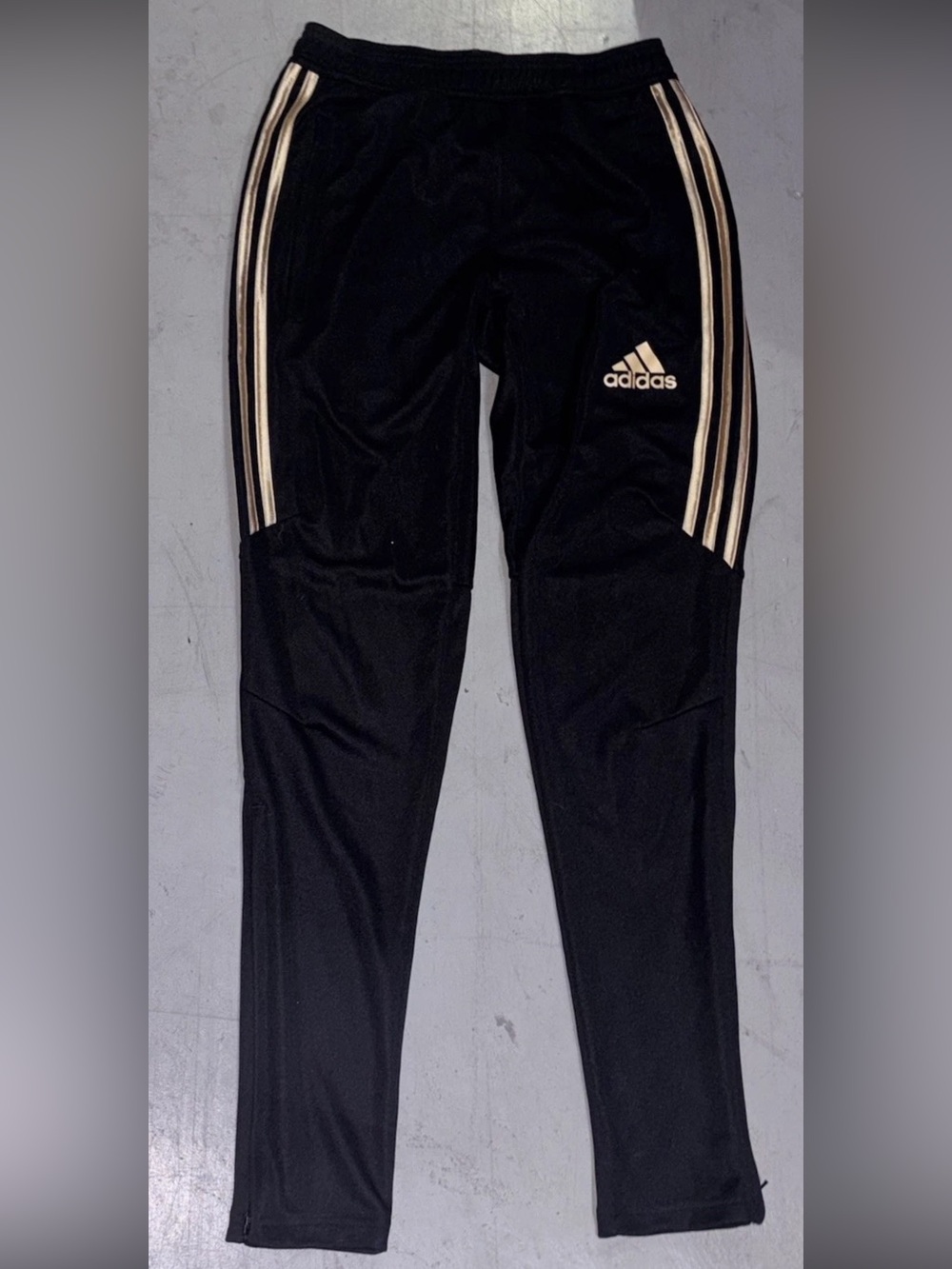 Adidas Tiro 17 Black Tapered Track Pants Womans Sz XS Gold Stripe Zip Ankles